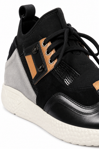 Close-up of luxury Italian men's sneakers, Cesare Paciotti 4US Bac Cuoio Black, showcasing calf leather and suede details.