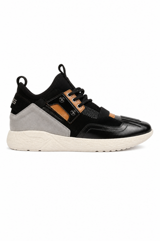 Cesare Paciotti luxury Italian men's sneakers in black calf leather and suede, featuring silver hardware and a rubber sole.