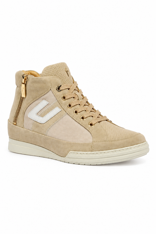 Cesare Paciotti beige suede men's sneakers with gold hardware and rubber sole for timeless style.
