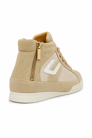 Cesare Paciotti beige suede men's sneakers with gold zipper and rubber sole, side view.