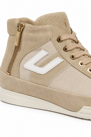 Cesare Paciotti beige suede men's sneakers with gold hardware details.