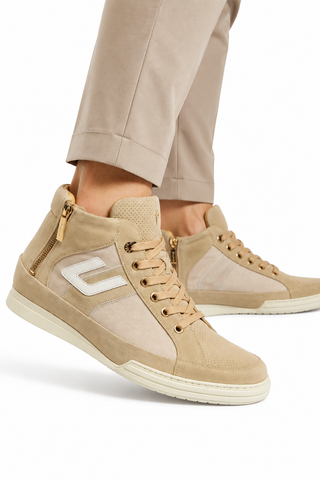 Cesare Paciotti beige suede men's sneakers with gold hardware and rubber sole