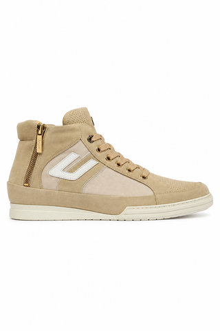 Cesare Paciotti beige suede men's sneakers with gold hardware, side view.