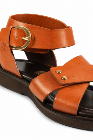 Cesare Paciotti biscotto leather sandals featuring a gold logo buckle and comfortable dark foam sole.