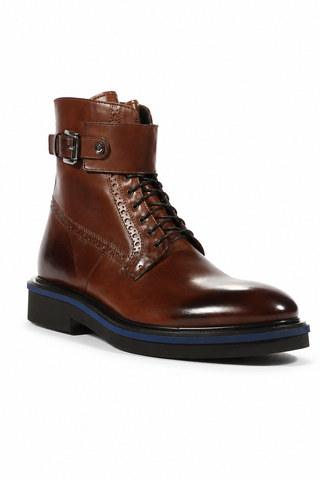 Cesare Paciotti italian leather men's boots in brown with silver hardware, featuring textured calf leather and foam soles for durability.