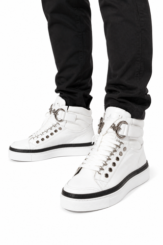 Cesare Paciotti Luxury Italian Men's Designer Shoes Dan Bianco Dakar Black / White Leather Sneakers (CPM3032)-AmbrogioShoes