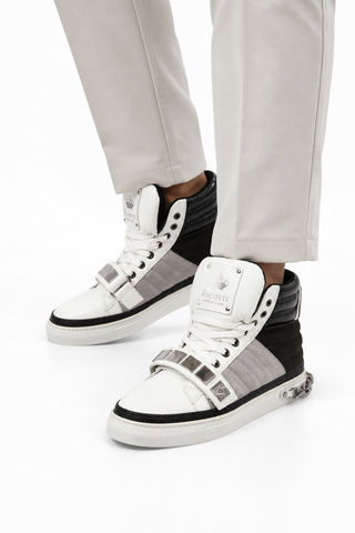 Cesare Paciotti Luxury Italian Men's Designer Shoes White Nappa Bianco Cam Gray Leather / Suede Sneakers (CPM3033)