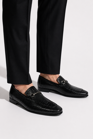 Ambrogio by Mezlan Black Snake Print Leather Horsebit Loafers (AMZ1015)