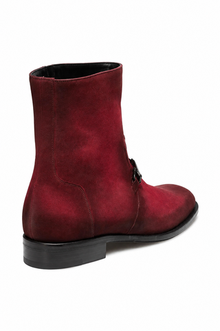 Wine-colored suede Mezlan ankle boot with a signature horse-bit detail and leather sole.