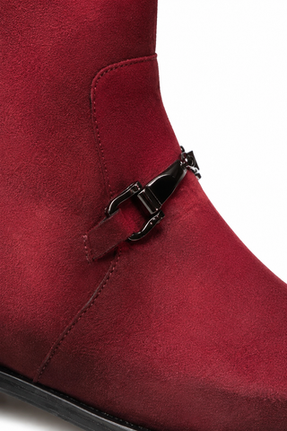 Wine-colored suede Mezlan Mystic ankle boot featuring a sleek horse-bit hardware detail and premium leather construction.