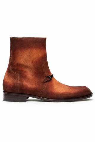 Mezlan Mystic men's brown hand-painted suede ankle boot with signature horse-bit hardware and leather sole.