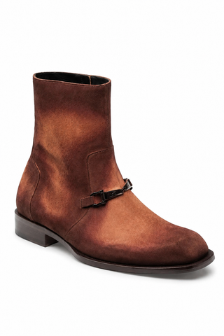 Mezlan Mystic men's brown hand-painted suede ankle boot with signature horse-bit hardware and asymmetrical toe.