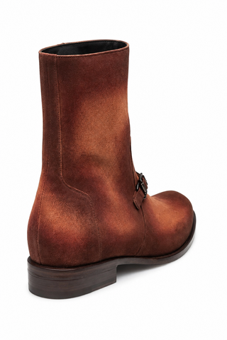 Mezlan Mystic men's brown suede horse-bit ankle boot with leather sole and side zipper detail.