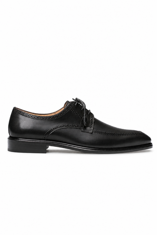 Mezlan Hatley black calf-skin leather derby shoe with square toe and durable rubber sole.