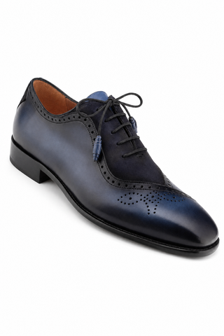 Mezlan Eagle men's oxford in blue and navy hand-painted leather and suede with brogue detailing and a round toe.