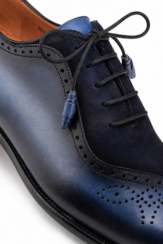 Mezlan Eagle blue and navy suede and leather oxford with brogue detailing and black laces.