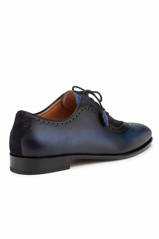 Mezlan Eagle men's oxford in blue and navy hand-painted leather and suede with brogue detailing and a round toe.