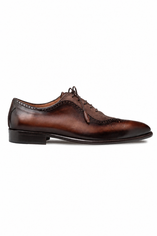 Mezlan Eagle brown suede and calf-skin leather oxford with brogue detailing and a round toe.