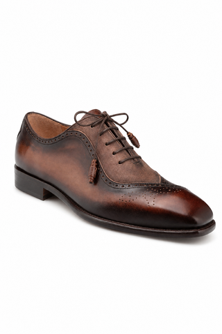 Mezlan Eagle brown oxford shoe in hand-painted calfskin leather and suede with brogue detailing and a round toe.