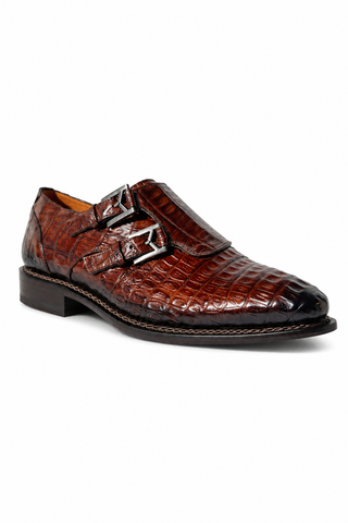 Mezlan 4990-F Sport Brown Exotic Crocodile-Skin Double Monk-Straps Loafers (MZ3671)