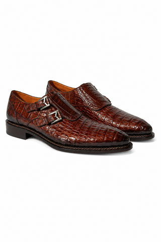 Mezlan 4990-F Sport Brown Exotic Crocodile-Skin Double Monk-Straps Loafers (MZ3671)