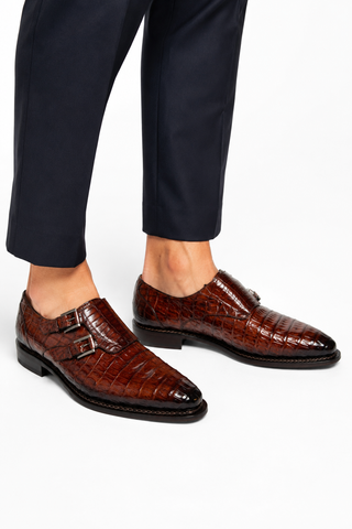 Mezlan 4990-F Sport Brown Exotic Crocodile-Skin Double Monk-Straps Loafers (MZ3671)