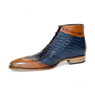 Duca Lauro Men's Shoes Cognac/Navy Calf-Skin Leather Boots (D1162)-AmbrogioShoes