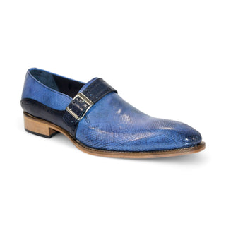 Duca Sezze men's loafers in powder blue and navy snake print calf-skin leather, Blake construction, Italian-made (D1172)