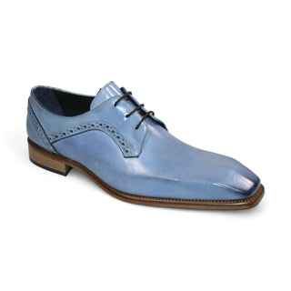 Light blue men's Oxford shoe in calf-skin leather, made in Italy, Blake construction, leather sole, true to size fit.