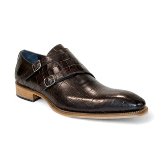 Duca Vergato men's chocolate croco print leather monkstrap Oxfords, Blake construction, Italian design, leather sole.