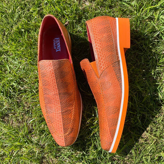 Fennix Daniel Men's Shoes Orange Python Print / Eel-Skin Slip-on Loafers (FXS2602)-AmbrogioShoes