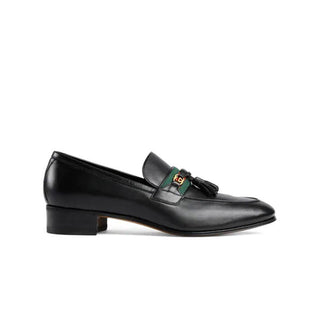 Gucci 624720 1066 Black Calf-Skin Leather with Web and Interlocking G Tassels Loafers (GGM1721)-AmbrogioShoes