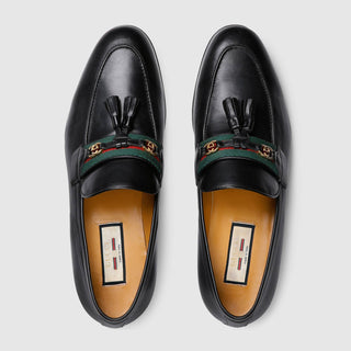 Gucci 624720 1066 Black Calf-Skin Leather with Web and Interlocking G Tassels Loafers (GGM1721)-AmbrogioShoes