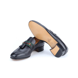 Gucci 624720 1066 Black Calf-Skin Leather with Web and Interlocking G Tassels Loafers (GGM1721)-AmbrogioShoes