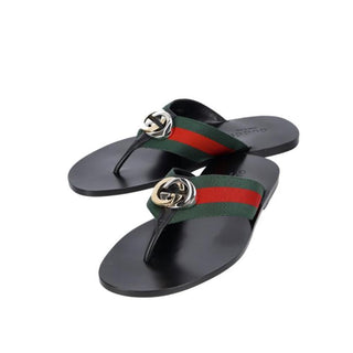 Gucci 630307 H9020 8476 Black, Red & Green Calf-Skin leather / Fabric Sandals (GGM1722)-AmbrogioShoes