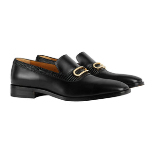 Gucci 750304 AACBM 1000 Black Horse Calf-Skin Leather / Lizard Geometric G Slip-On Loafers (GGM1742)-AmbrogioShoes