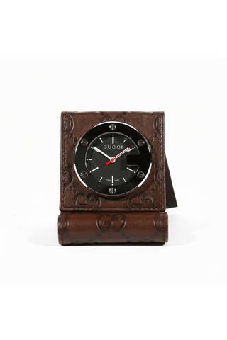Gucci Limited Edition Brown Stainless Steel / Leather Travel Desk Alarm Clock/Watch (GGC1)-Dellamoda