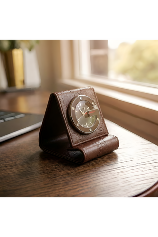 Gucci Limited Edition Brown Stainless Steel / Leather Travel Desk Alarm Clock/Watch (GGC1)-Dellamoda