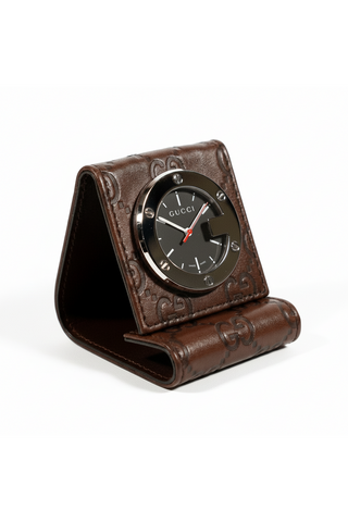 Gucci Limited Edition Brown Stainless Steel / Leather Travel Desk Alarm Clock/Watch (GGC1)-AmbrogioShoes