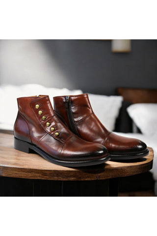 Jo Ghost 1224 Brown Leather Laceless Ankle Boots (JG5355)-Dellamoda