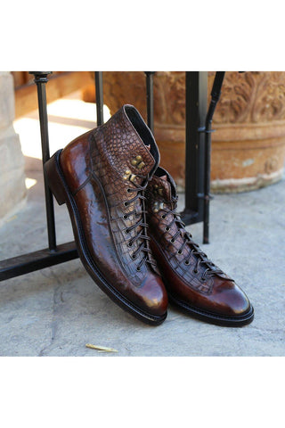 Jo Ghost 2833 Crust Crocodile Embossed / Buffalo Leather Boots (JG5304)-Dellamoda