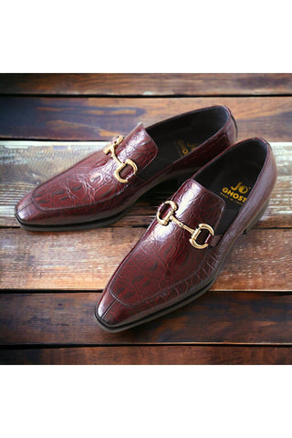 Jo Ghost 4956 Burgundy Crocodile Print Leather Horsebit Loafers (JG5368)-AmbrogioShoes