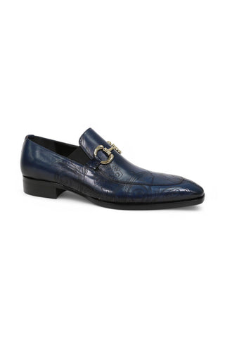 Jo Ghost 4957 Navy Flower Embossed Leather Horsebit Loafers (JG5367)
