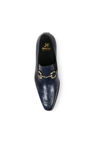 Jo Ghost 4957 Navy Flower Print Leather Horsebit Loafers (JG5367)-AmbrogioShoes