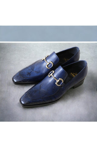 Jo Ghost 4957 Navy Flower Print Leather Horsebit Loafers (JG5367)-AmbrogioShoes