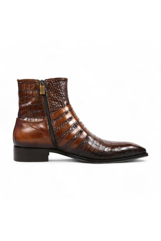 Jo Ghost 5225 Two-Tone Brown Crocodile Embossed / Calf-Skin Leather Multi-Buckle Ankle Boots (JG5358)