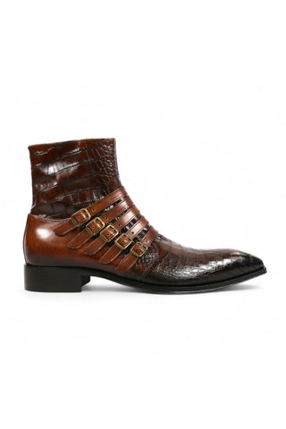 Jo Ghost 5225 Two-Tone Brown Crocodile Embossed / Calf-Skin Leather Multi-Buckle Ankle Boots (JG5358)
