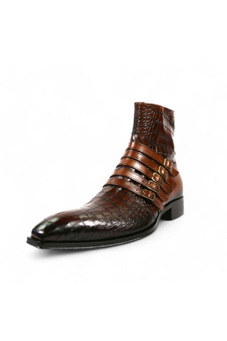 Jo Ghost 5225 Two-Tone Brown Crocodile Print / Calf-Skin Leather Multi-Buckle Ankle Boots (JG5358)-AmbrogioShoes