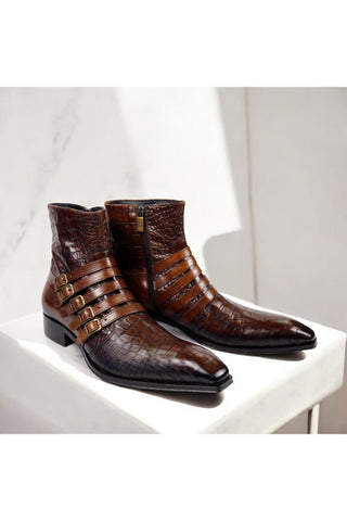 Jo Ghost 5225 Two-Tone Brown Crocodile Print / Calf-Skin Leather Multi-Buckle Ankle Boots (JG5358)-AmbrogioShoes