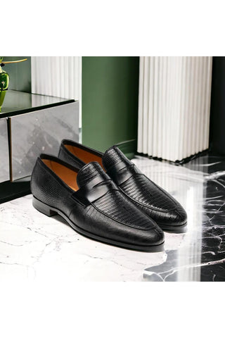 Magnanni Vicente 23257 Black Exotic Genuine Lizard Skin Classic Penny Loafers (MAGS1102)-AmbrogioShoes